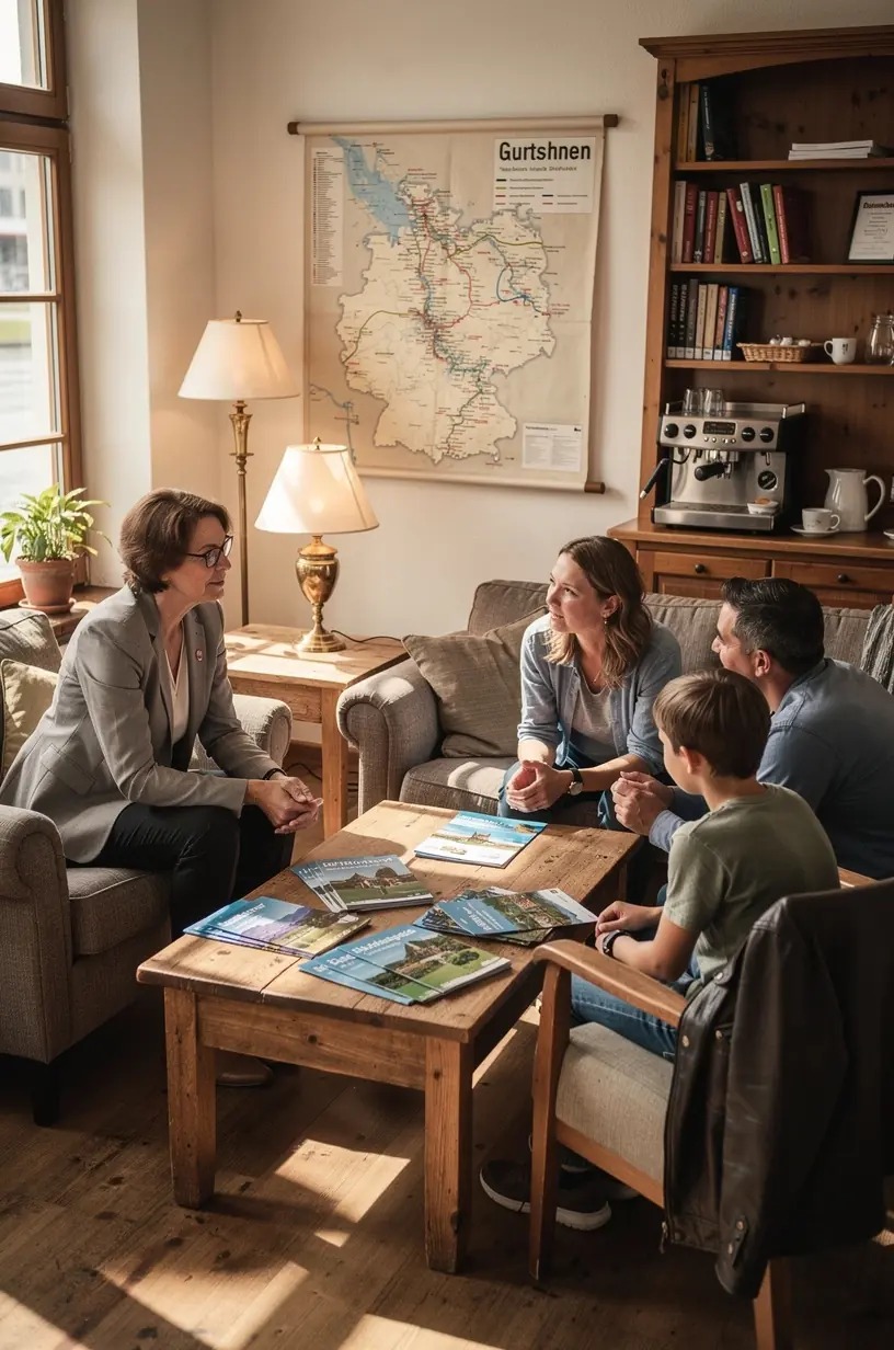 Beratungsgespräch zwischen Reiseexperten und Kunden zur individuellen Reiseplanung an einem Arbeitsplatz
